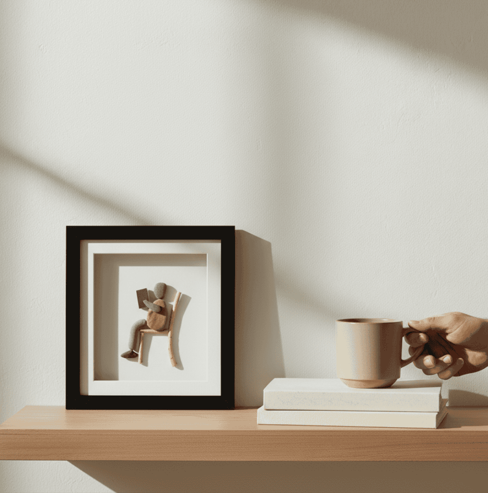 Premium Handcrafted Pebble Art Reading Figure by Prahalad Pawar - Unique 9x10 Wall Decor for Home