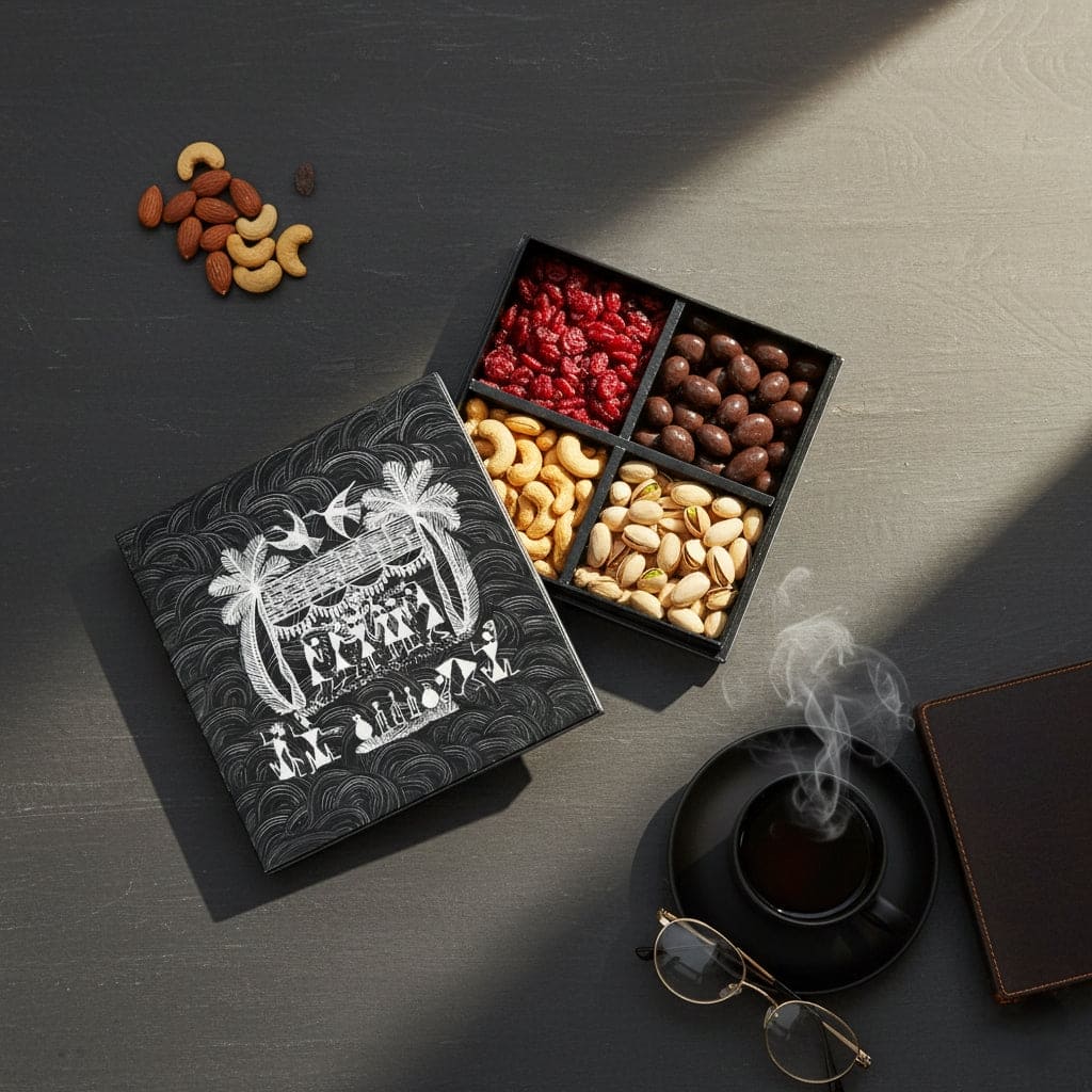 A wooden dry fruits box with Warli tribal art design, opened to show four compartments, placed on a wooden surface