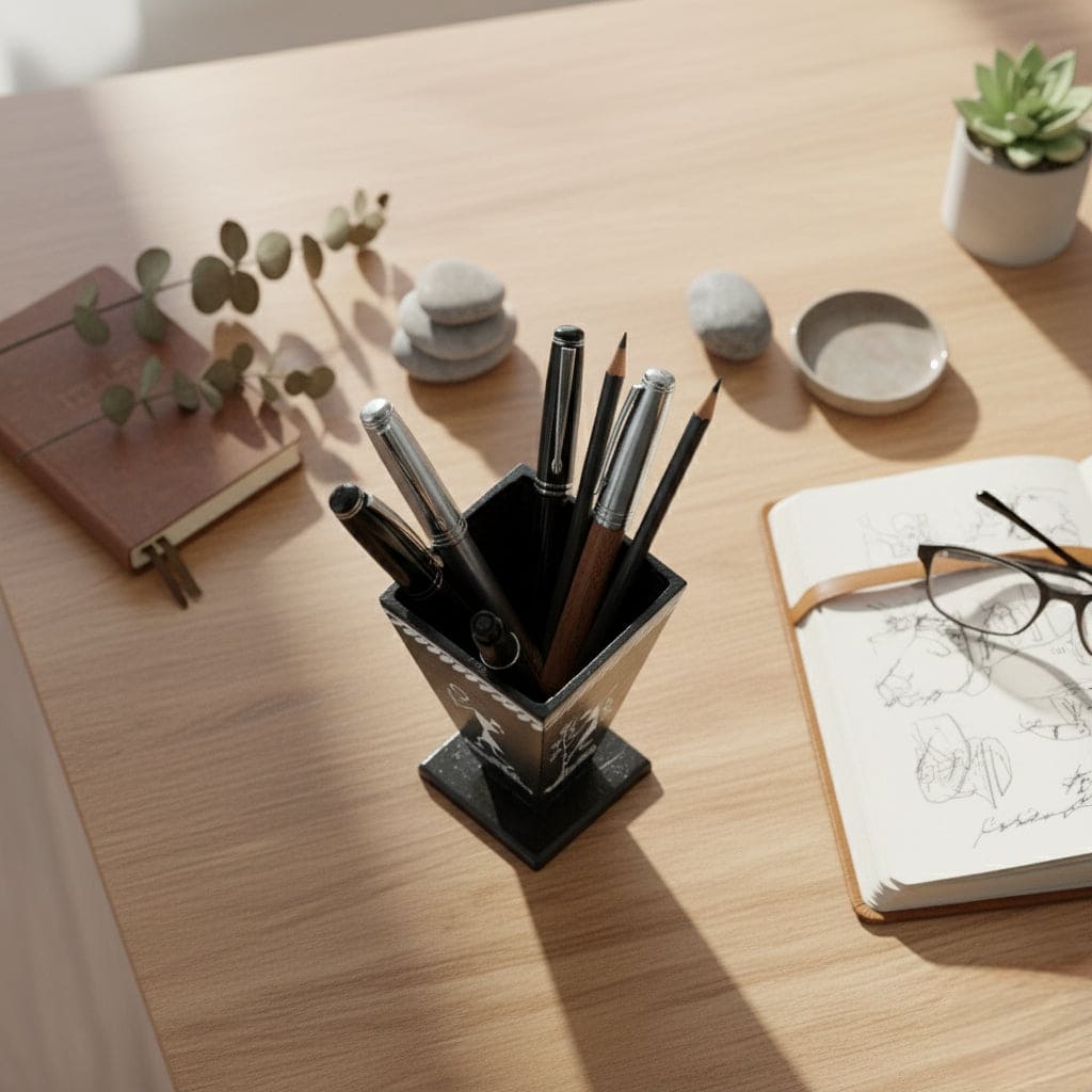 Pencil holder with pens on a wooden desk with a notebook and glasses.
