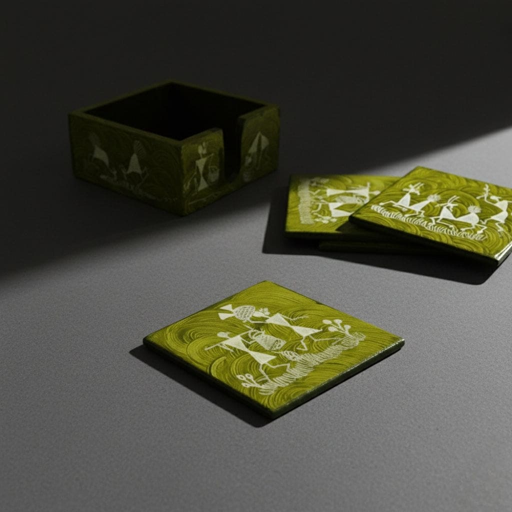 Green coasters with white warli designs on a gray surface