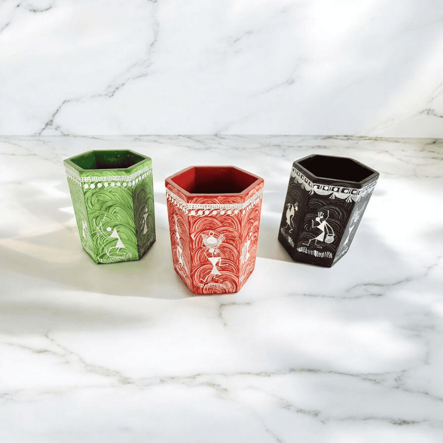 Set of 3 handcrafted wooden hexagon pen stands with Warli art