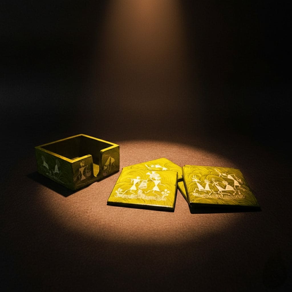 Handcrafted Wooden Tea Coaster Set with Warli Art