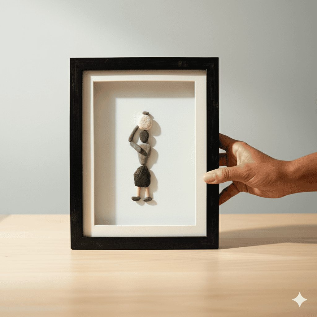 Premium Handcrafted Pebble Art Woman with Basket by Prahalad Pawar - Unique 9x12 Wall Decor for Home