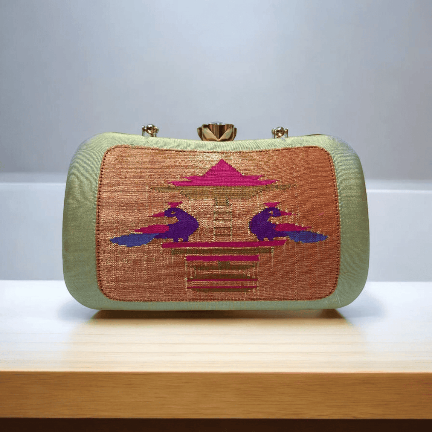 Handwoven Paithani Silk Clutch Handbag – Mint Green & Gold