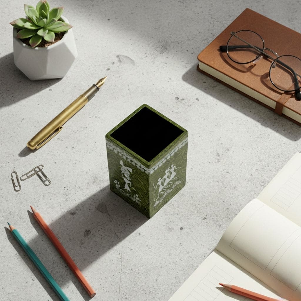 Green decorative pen holder on a concrete surface with office supplies.