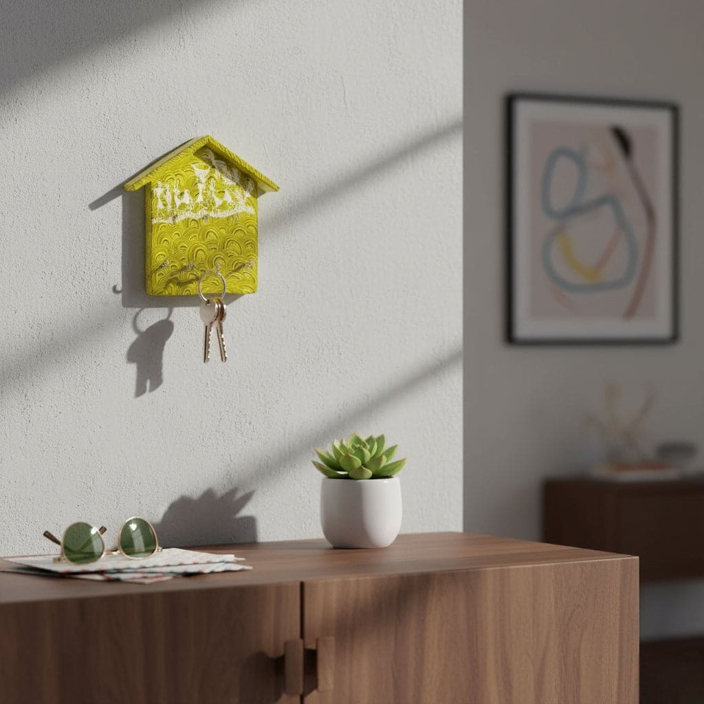 keychain holder on a wall with a plant and decorative items on a wooden surface