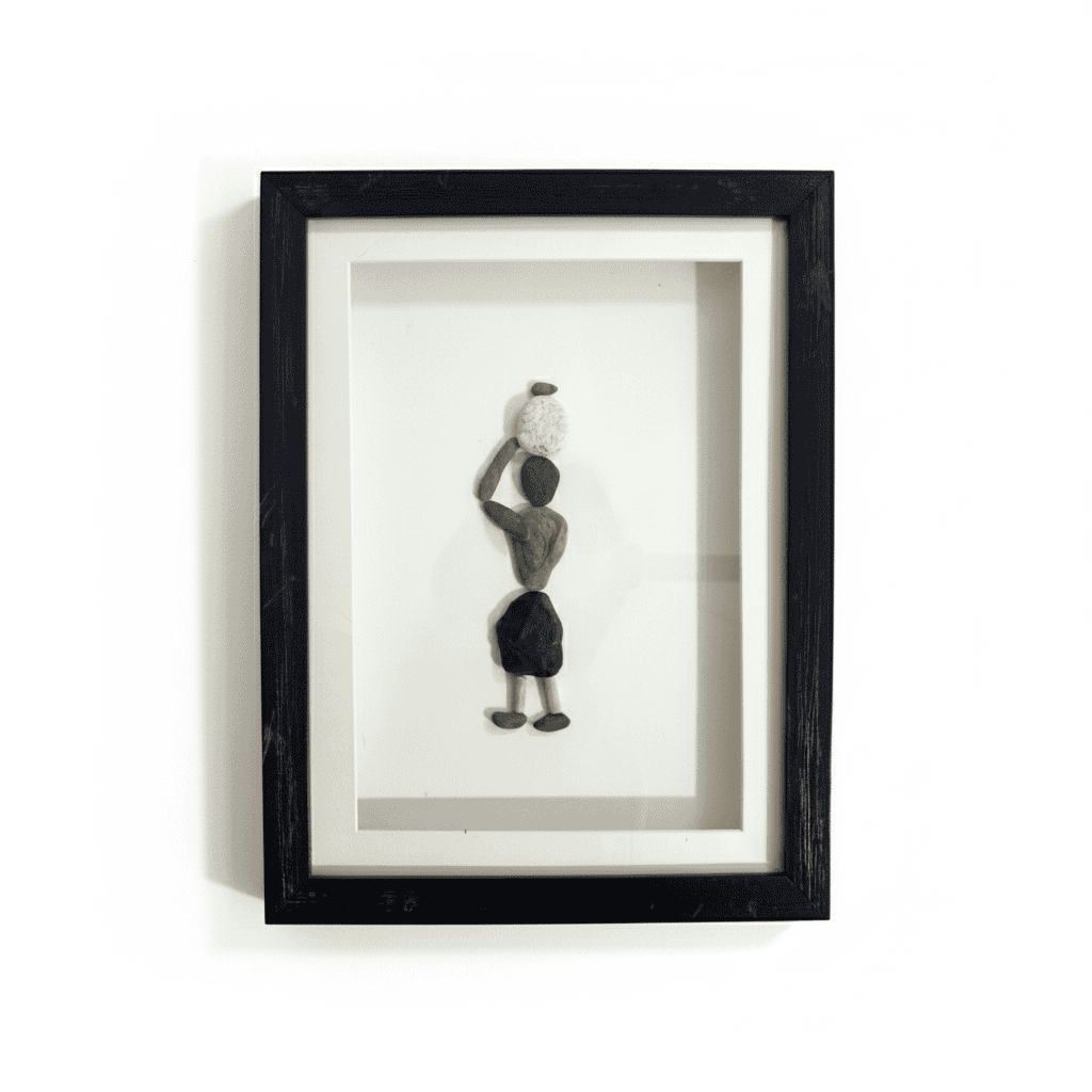 Premium Handcrafted Pebble Art Woman with Basket by Prahalad Pawar - Unique 9x12 Wall Decor for Home
