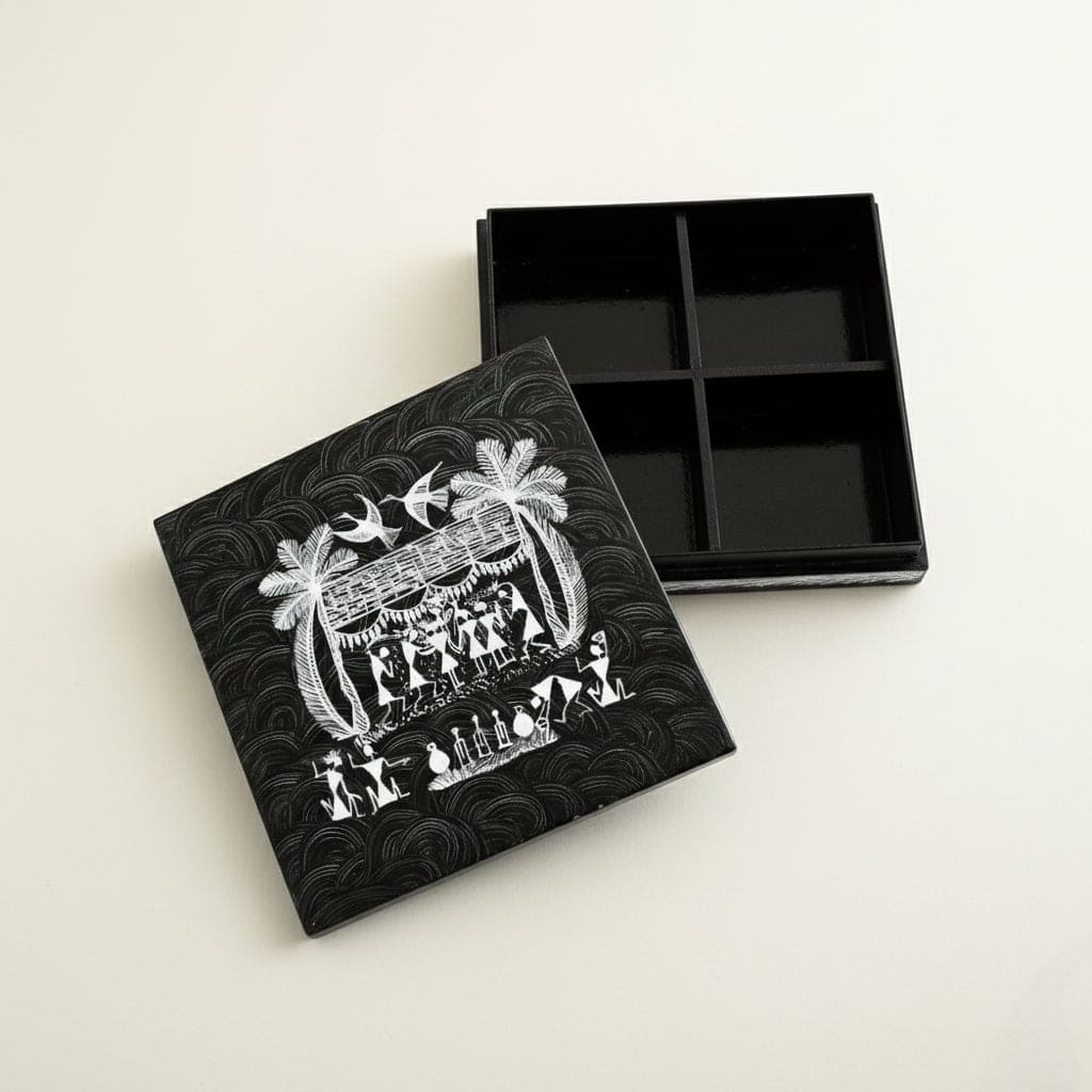 A wooden dry fruits box with Warli tribal art design, opened to show four compartments, placed on a wooden surface