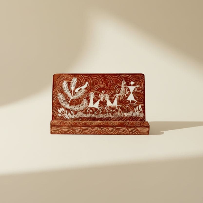 Decorative wooden handmade phone stand or holder with warli art