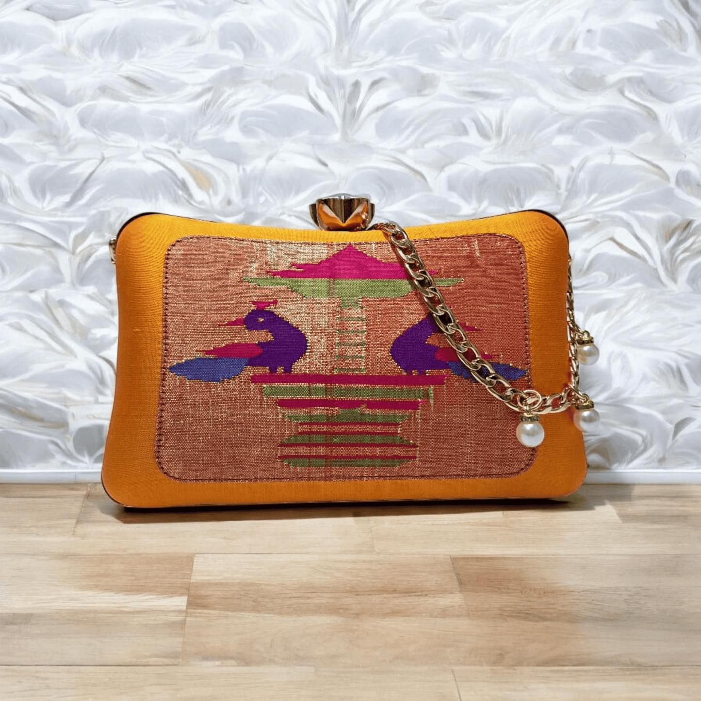 Mustard Yellow Handmade Peacock Pavilion Silk Clutch HandBag
