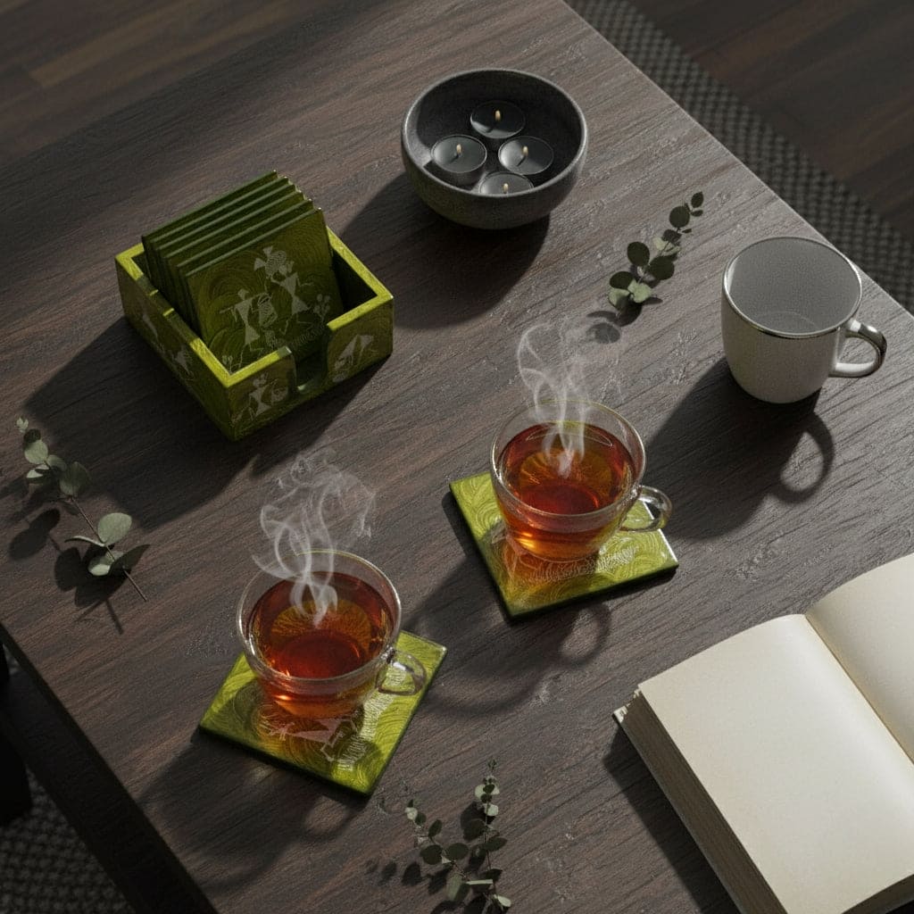 Two steaming cups of tea on coasters with a notebook and small bowl on a wooden table.