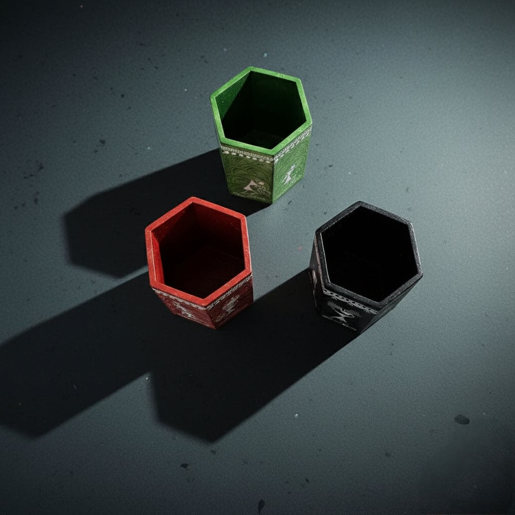 Three hexagonal containers in green, red, and black on a dark surface