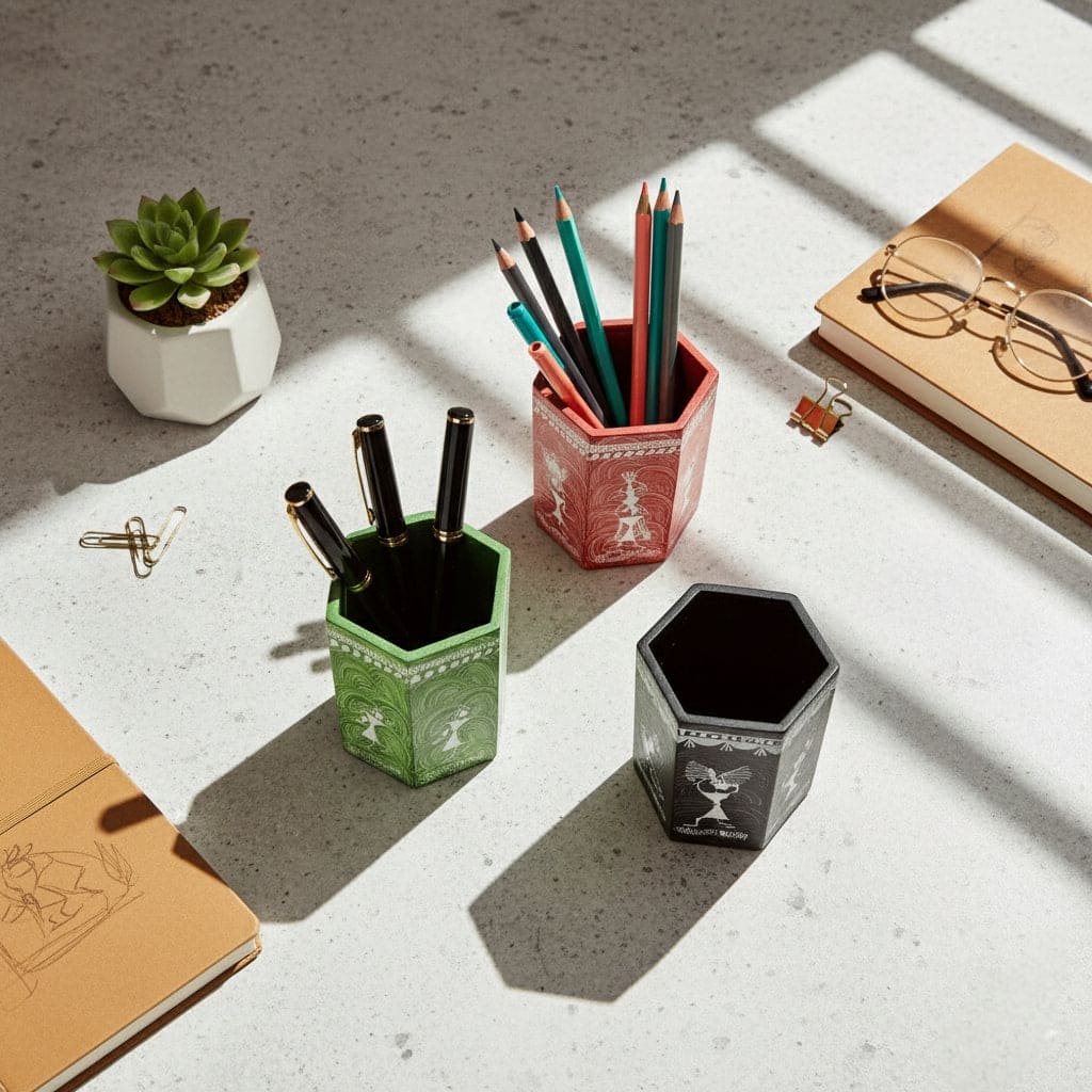 Three hexagon-shaped wooden pen stands with hand-painted Warli art, displayed in green, red, and black