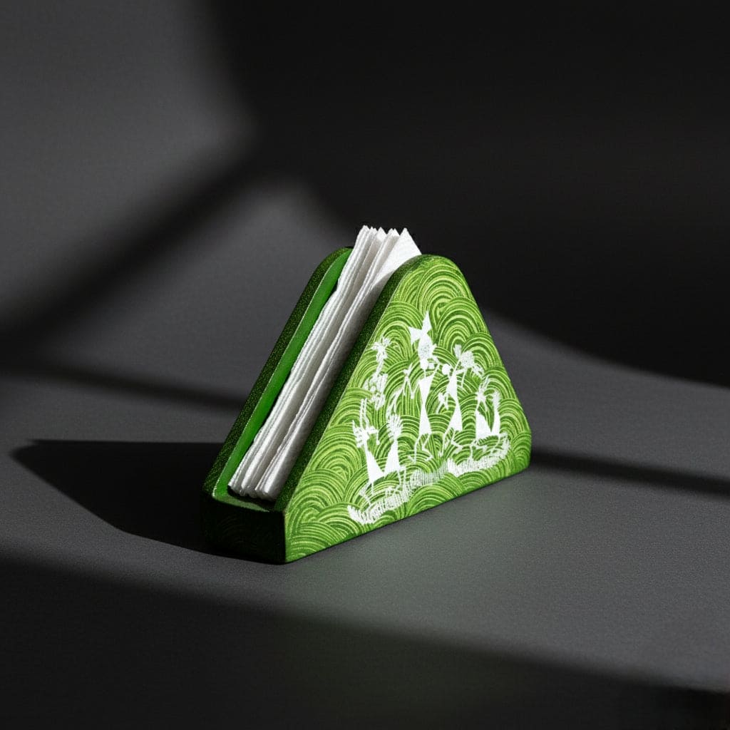 A triangular wooden napkin holder with Warli tribal artwork, predominantly green with white patterns
