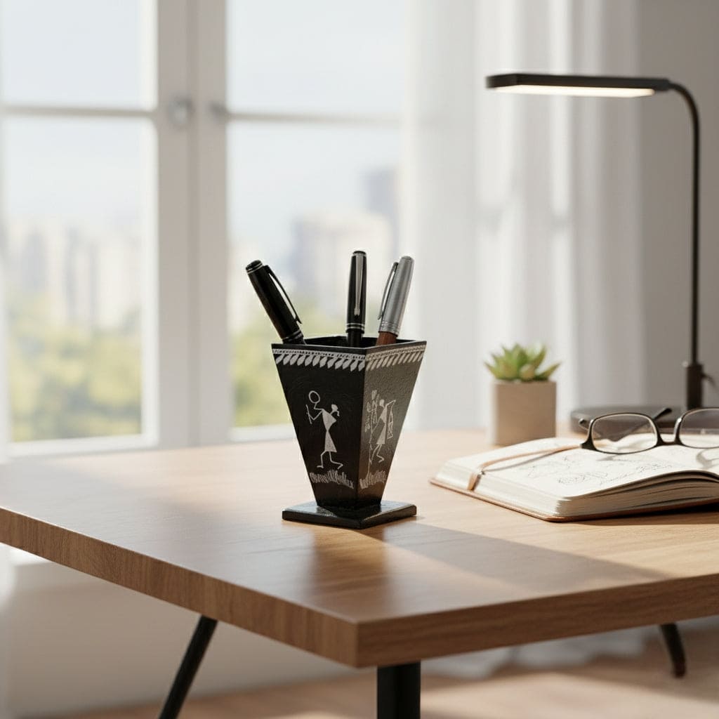 Desk setup with a pen holder, books, and glasses in a bright room.