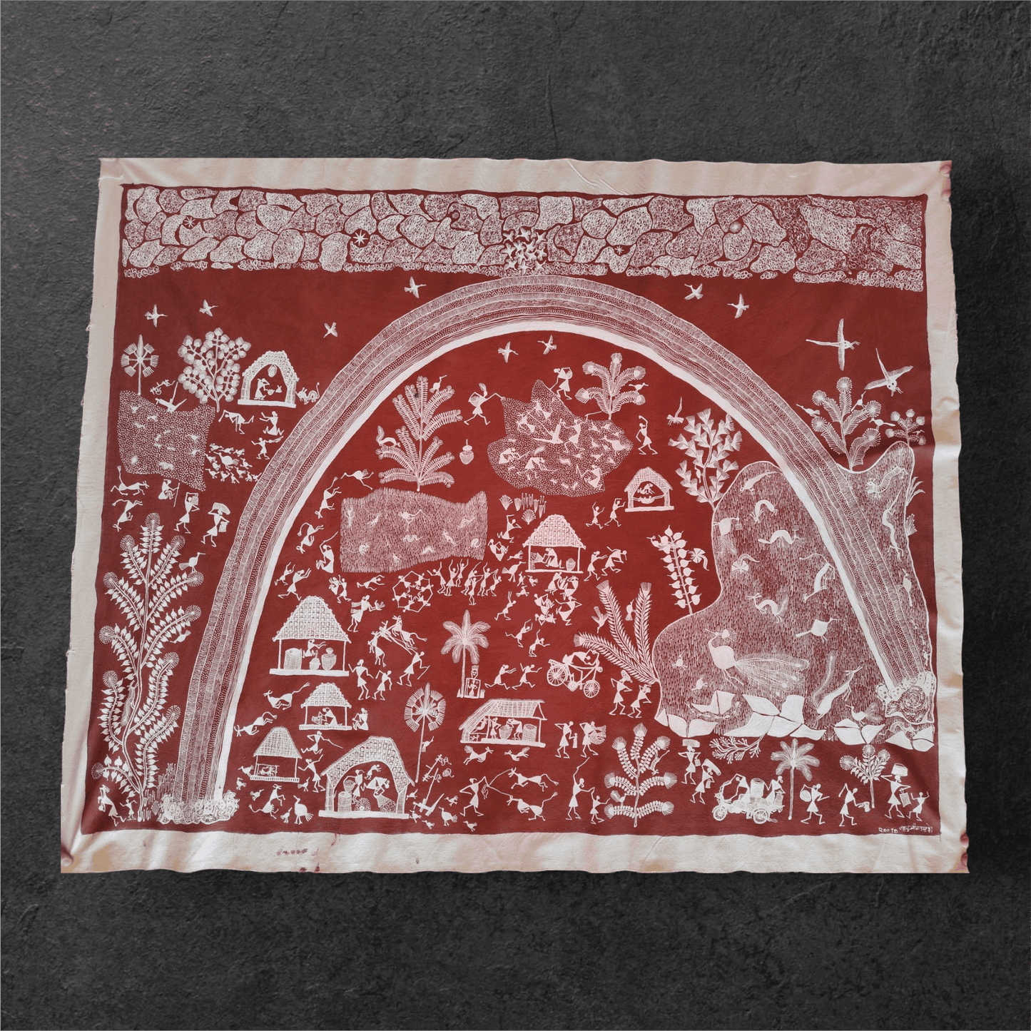 Handcrafted Warli Painting – Indradhanush and Dhan Bij Sowing Theme (Without Frame) (51"*41")