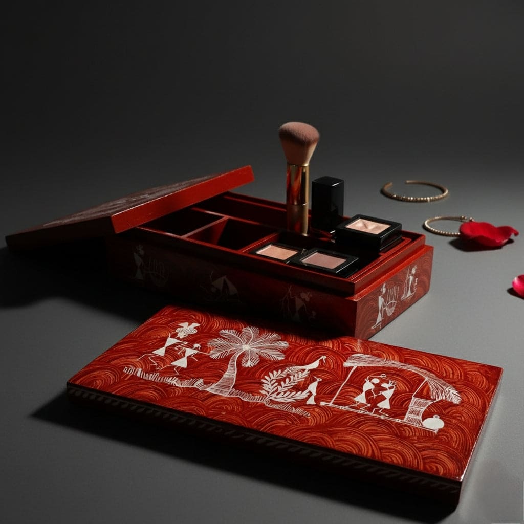 Handcrafted Wooden Jewelry Box with Warli Art(8.5*4.3*2.3)