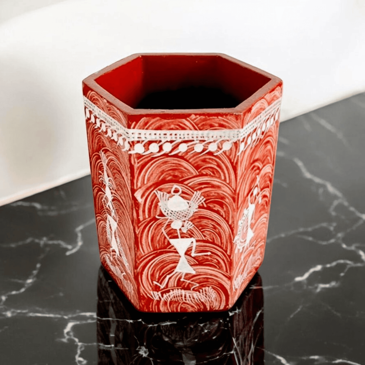 Handcrafted Wooden Hexagon Pen Stand with Warli Art