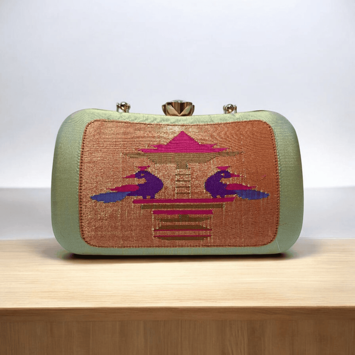 Handwoven Paithani Silk Clutch Handbag – Mint Green & Gold