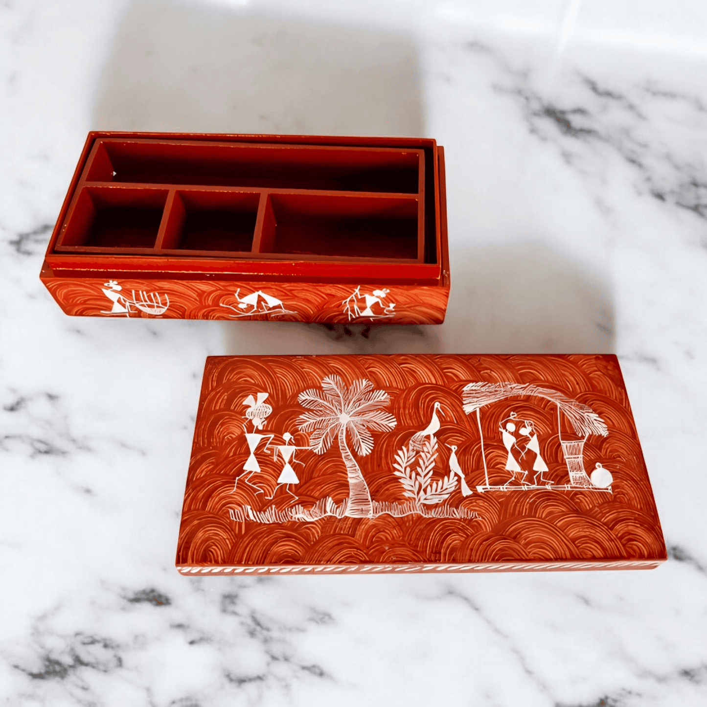 Handcrafted Wooden Jewelry Box with Warli Art(8.5*4.3*2.3)