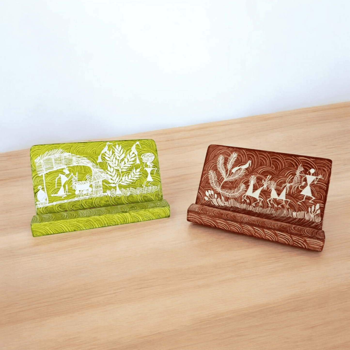 Set of 2 Handcrafted Wooden Phone Stands with Warli Art