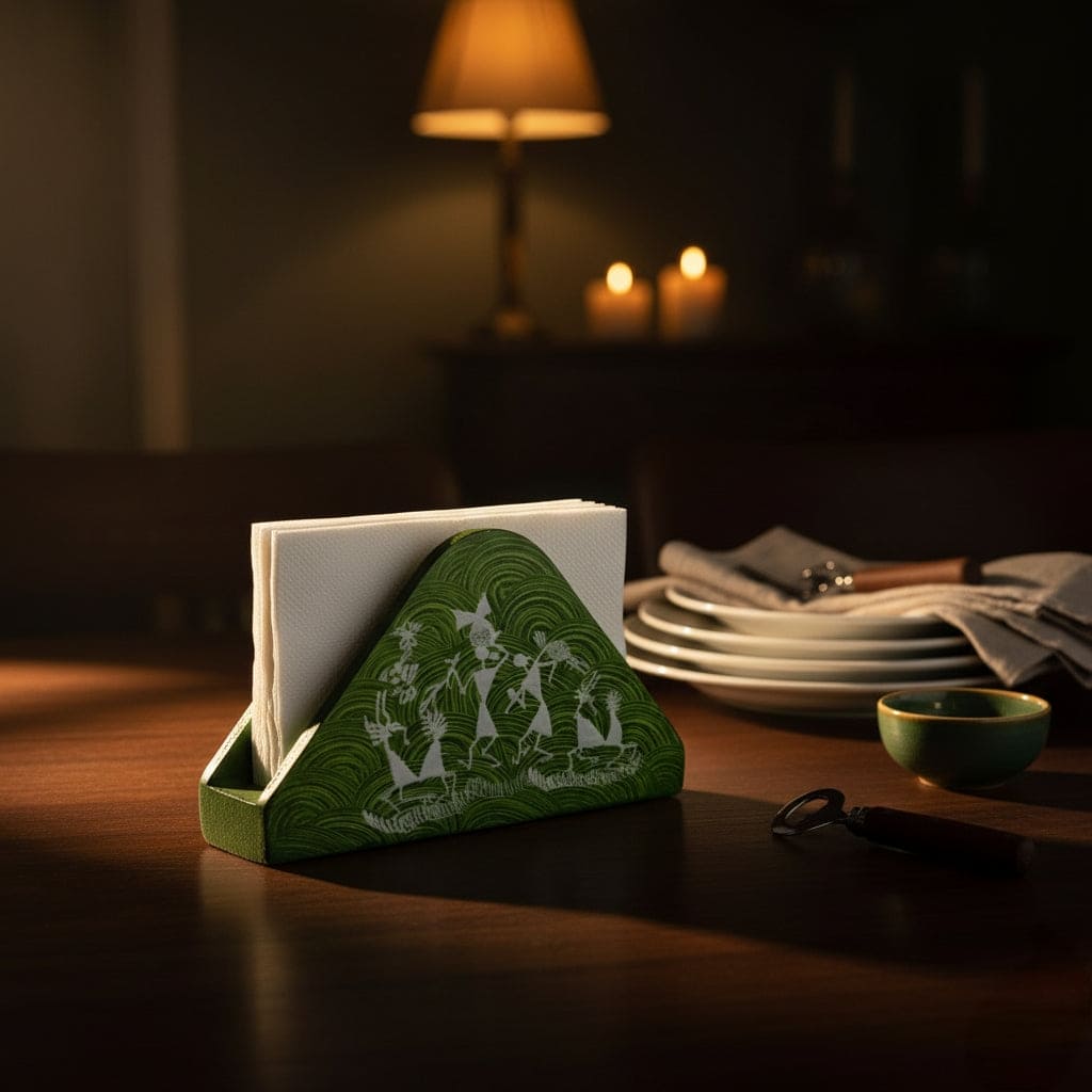 Green napkin holder with white design on a wooden table with candles in the background