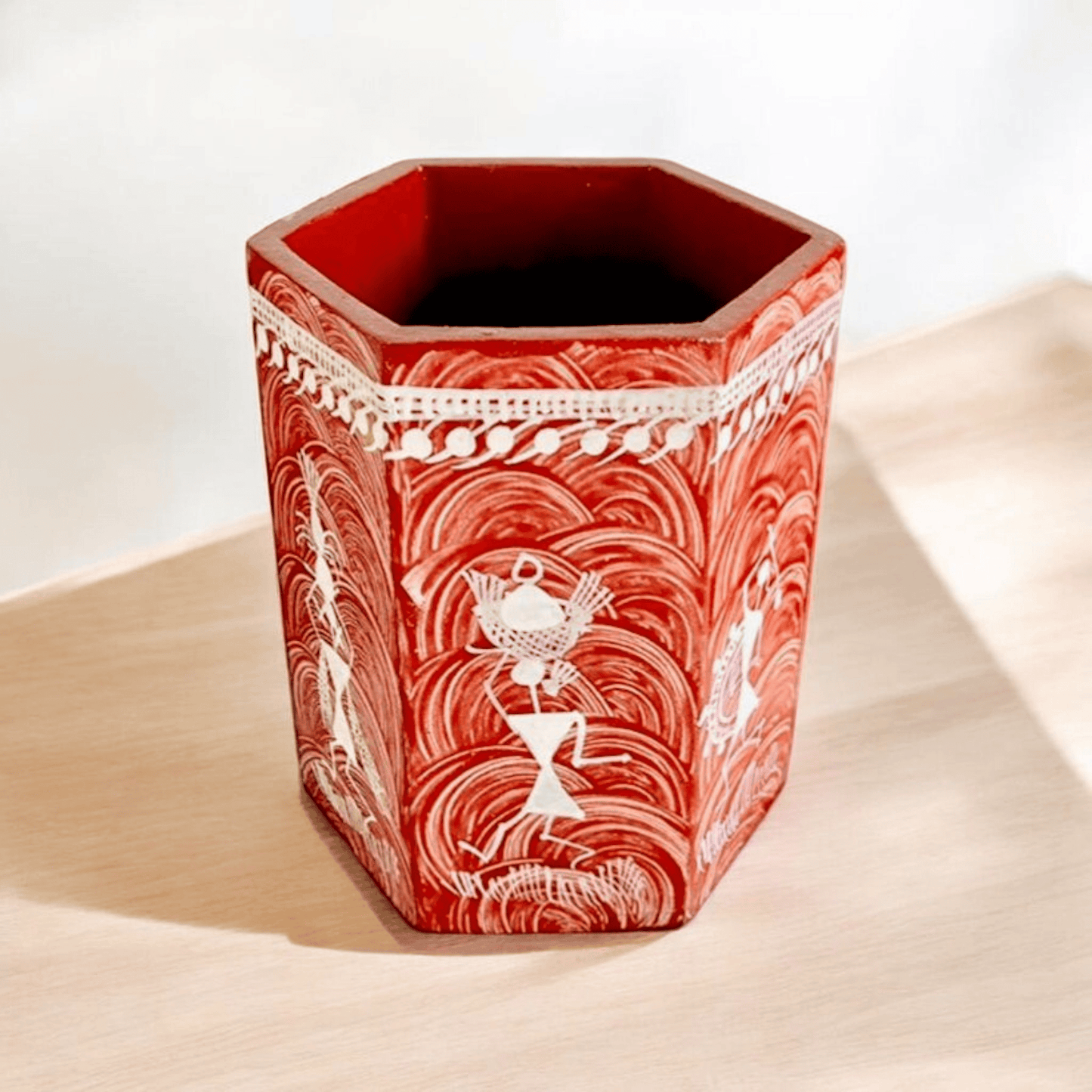 Handcrafted Wooden Hexagon Pen Stand with Warli Art