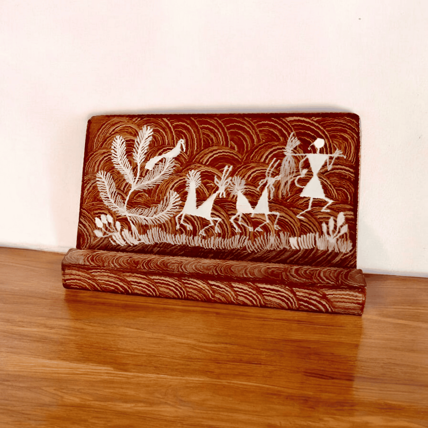 Handcrafted Wooden Phone Stand with Warli Art(6*3*3.5)