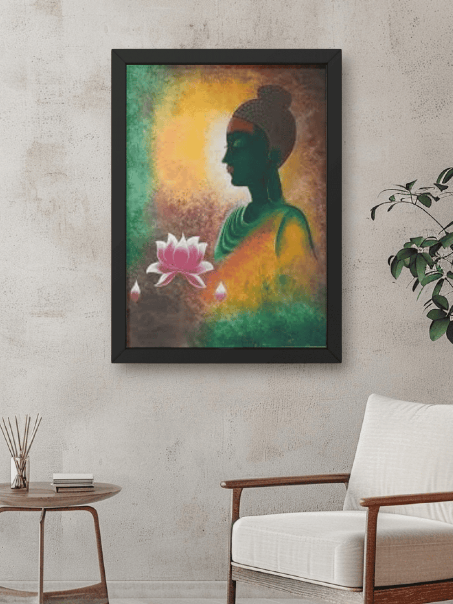 Premium Handmade Canvas Painting Of Serene Buddha with Lotus Blossoms