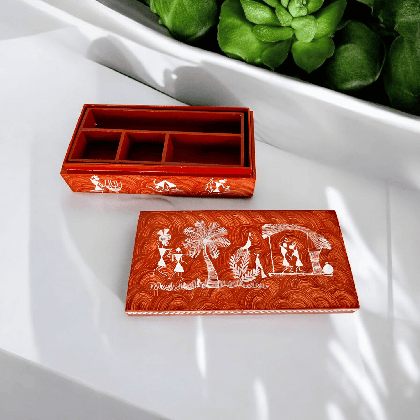 Handcrafted Wooden Jewelry Box with Warli Art(8.5*4.3*2.3)