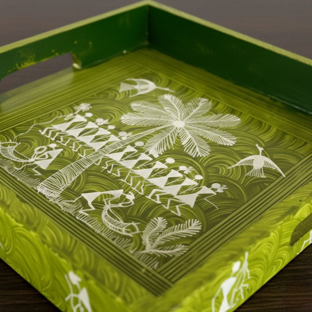 Handcrafted Wooden Tray with Warli Art(8*8)