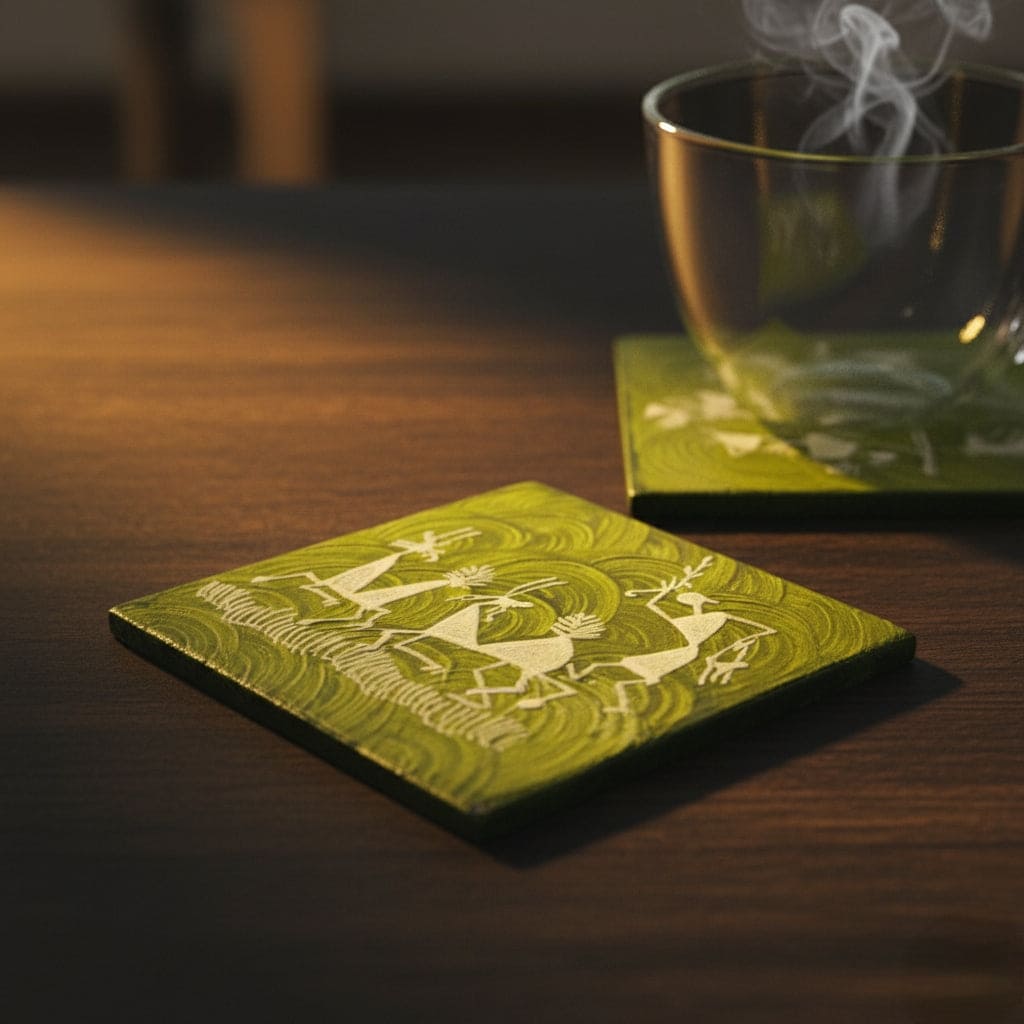 Green coaster with white warli design on a wooden surface with a glass of tea.