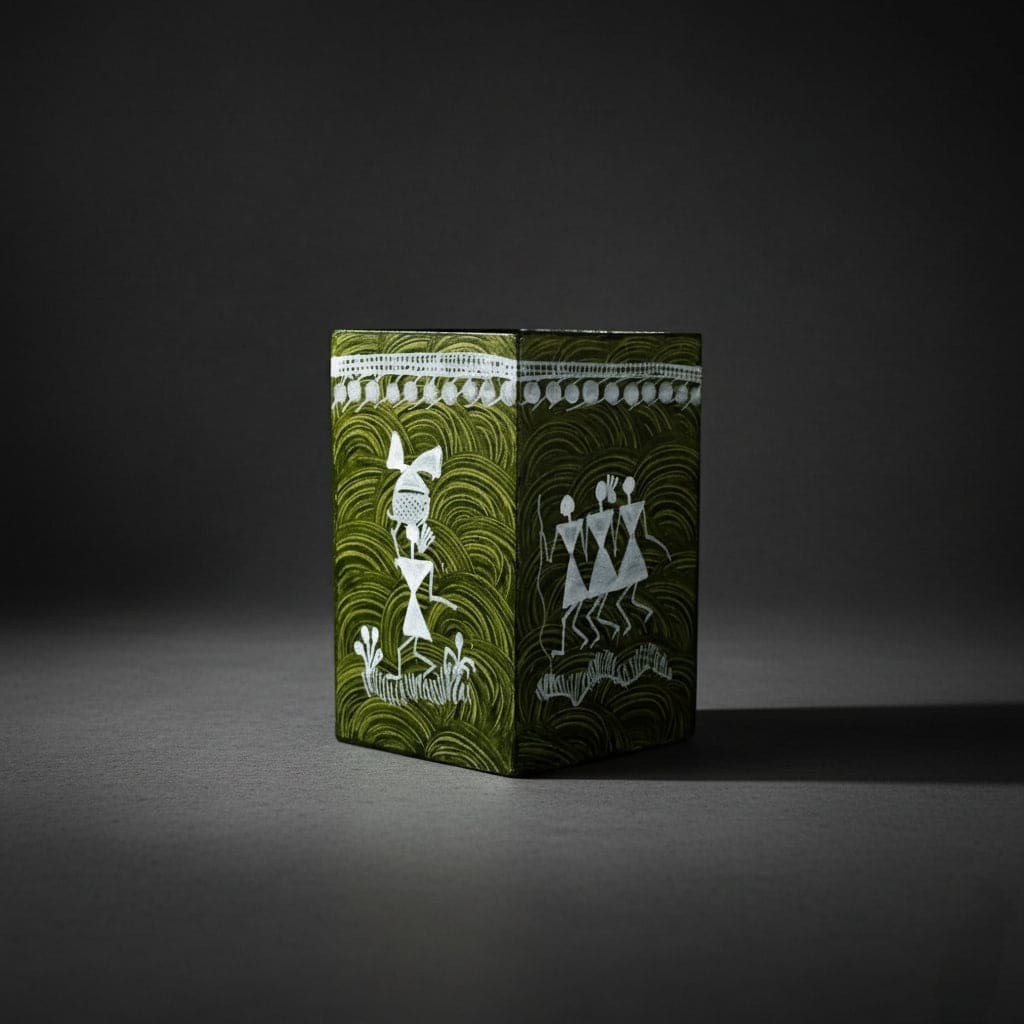 Decorative box with green and white design on a dark background