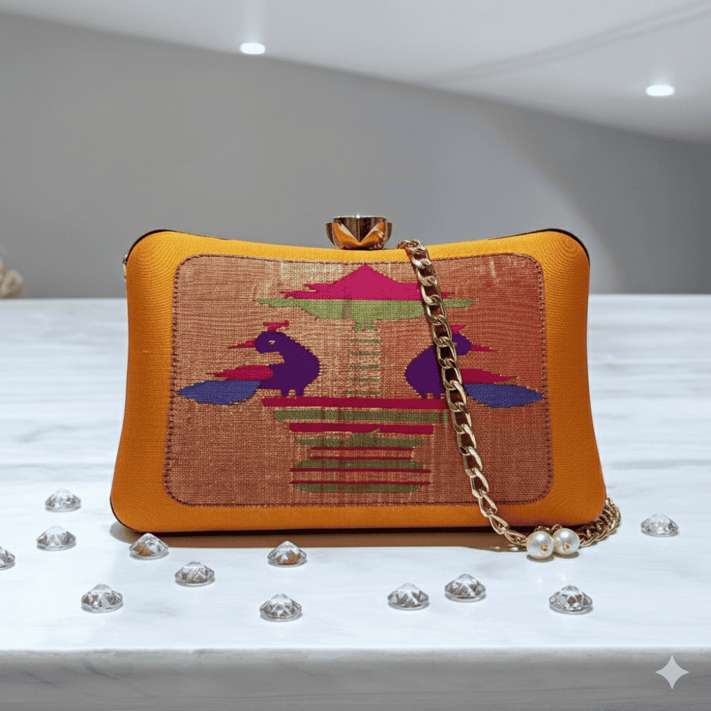 Mustard Yellow Handmade Peacock Pavilion Silk Clutch HandBag
