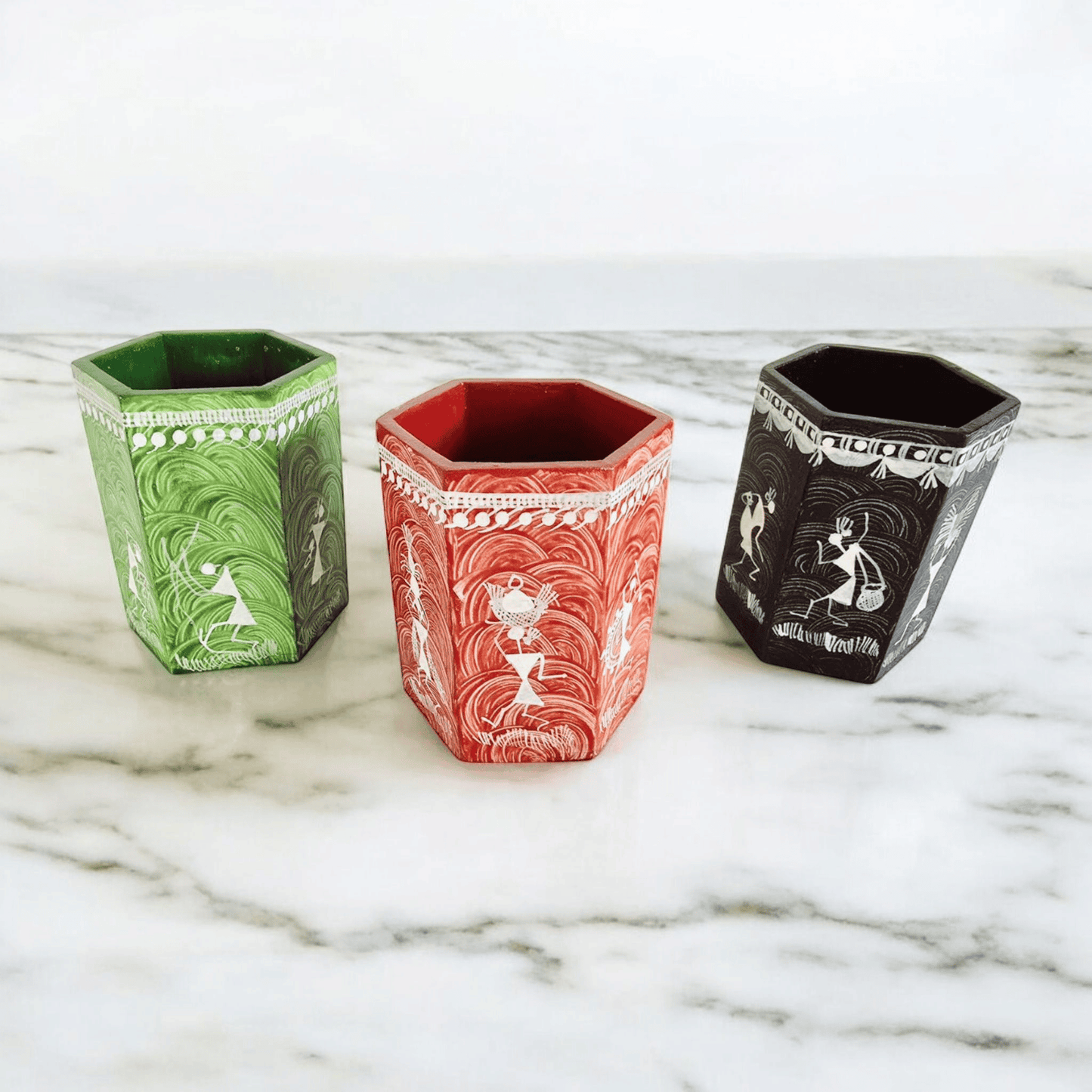Set of 3 handcrafted wooden hexagon pen stands with Warli art