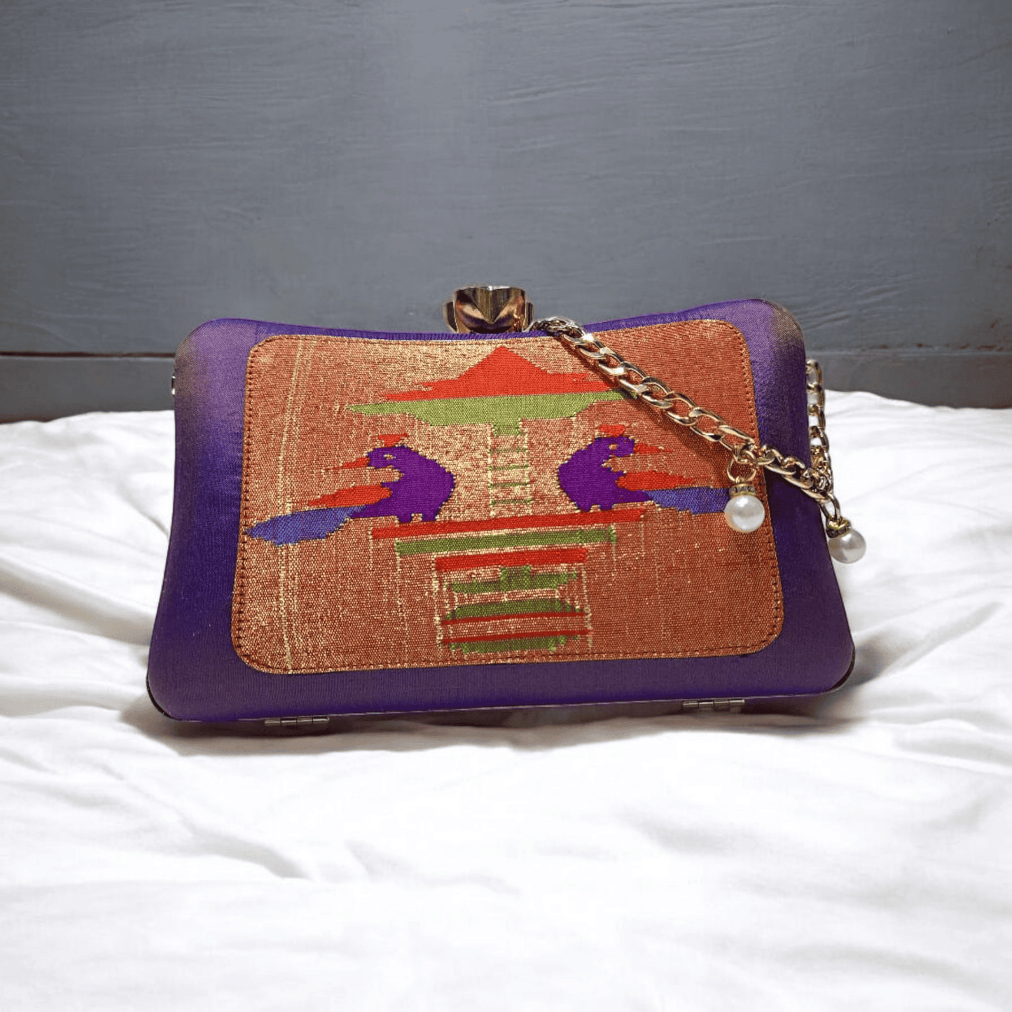 Handwoven Paithani Silk Clutch HandBag – Purple & Gold