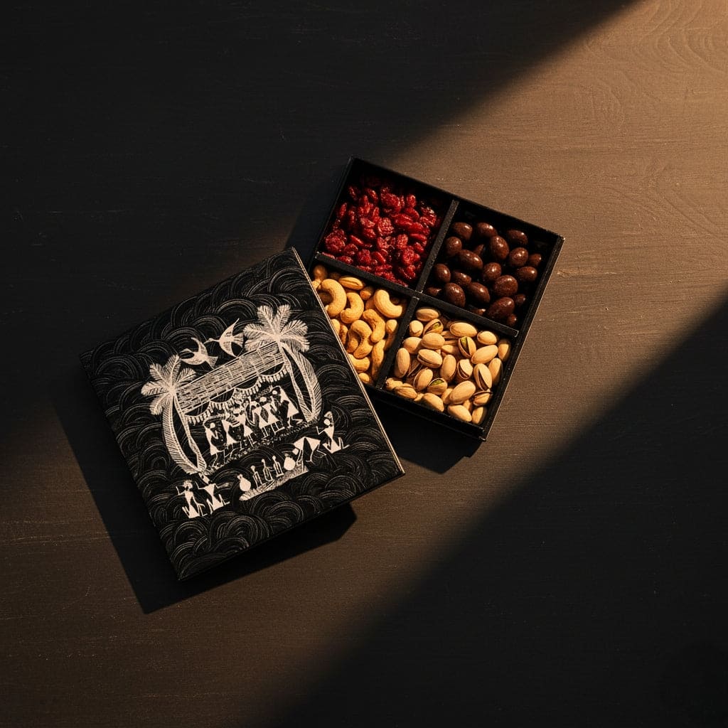 A wooden dry fruits box with Warli tribal art design, opened to show four compartments, placed on a wooden surface
