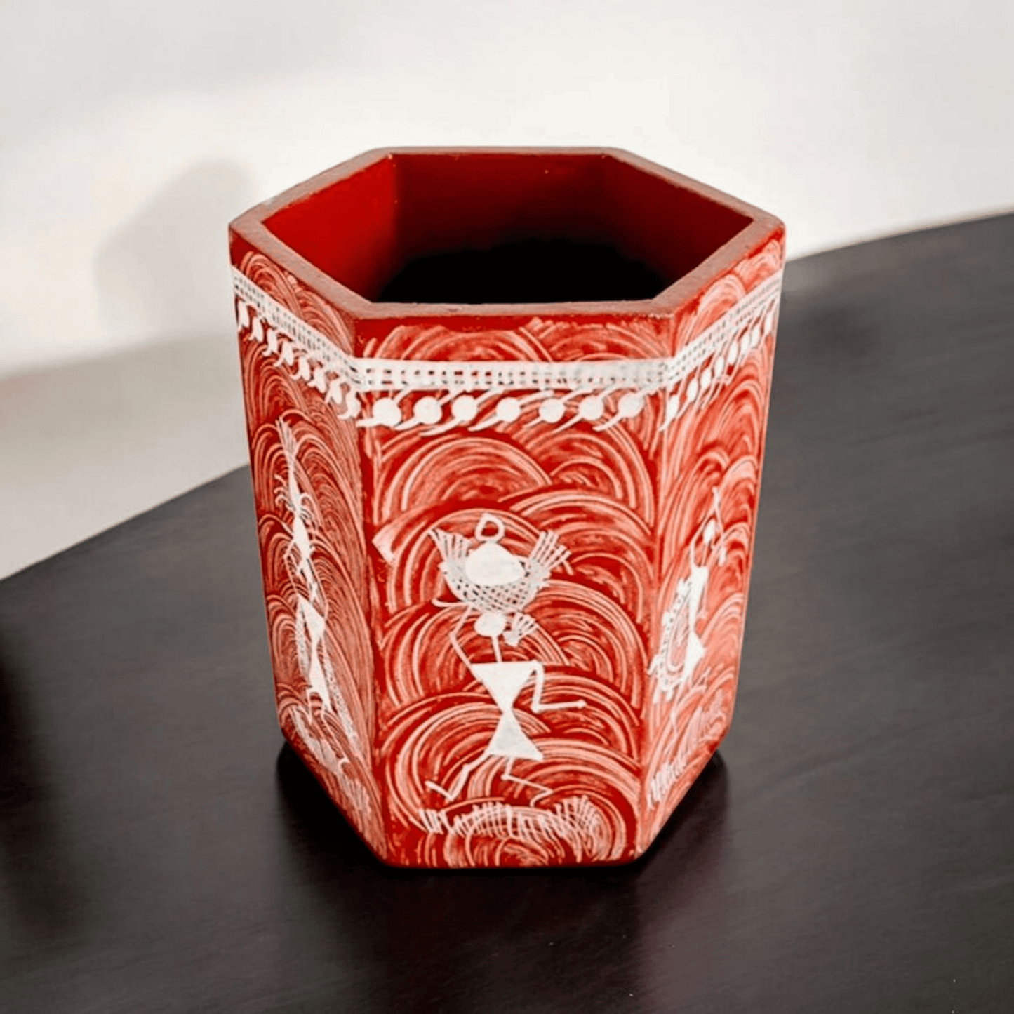 Handcrafted Wooden Hexagon Pen Stand with Warli Art