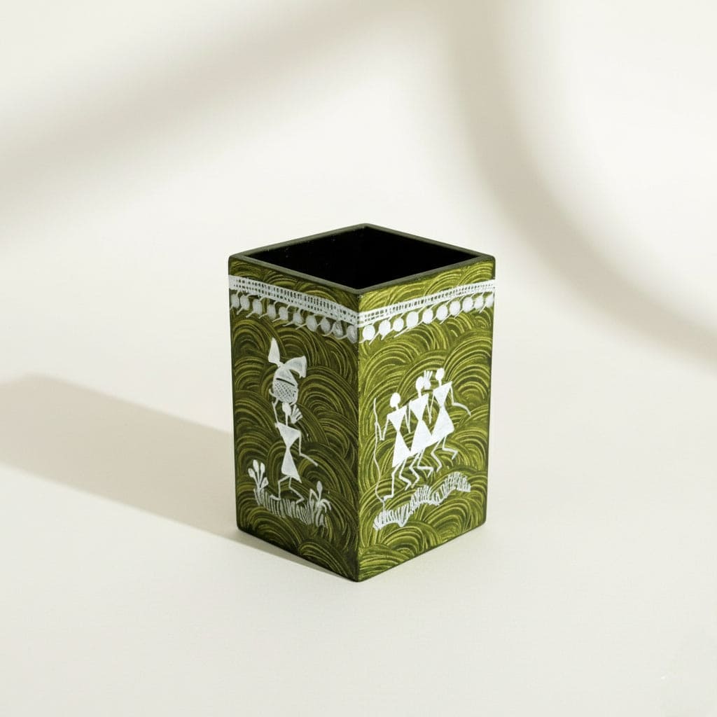 Green decorative pen holder box with white patterns on a light background