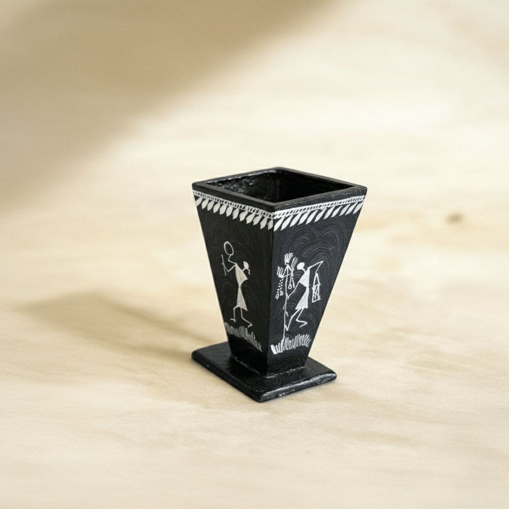black Pen holder with white warli art on it