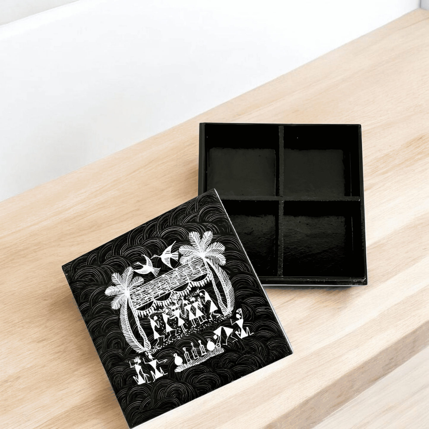 Handcrafted Wooden Dry Fruits Box with Warli Art(7*7*1.5)