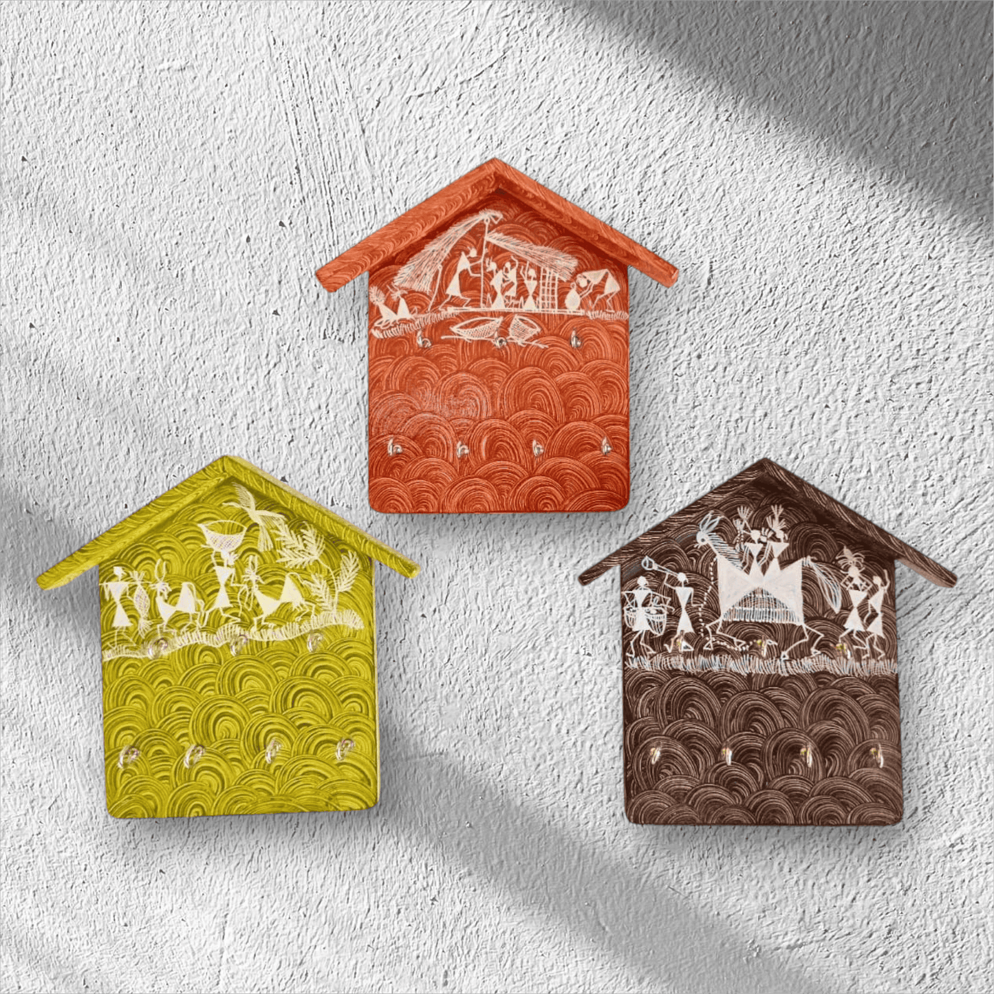 Set of Three Handcrafted Wooden Key Holders with Warli Art(6*8)