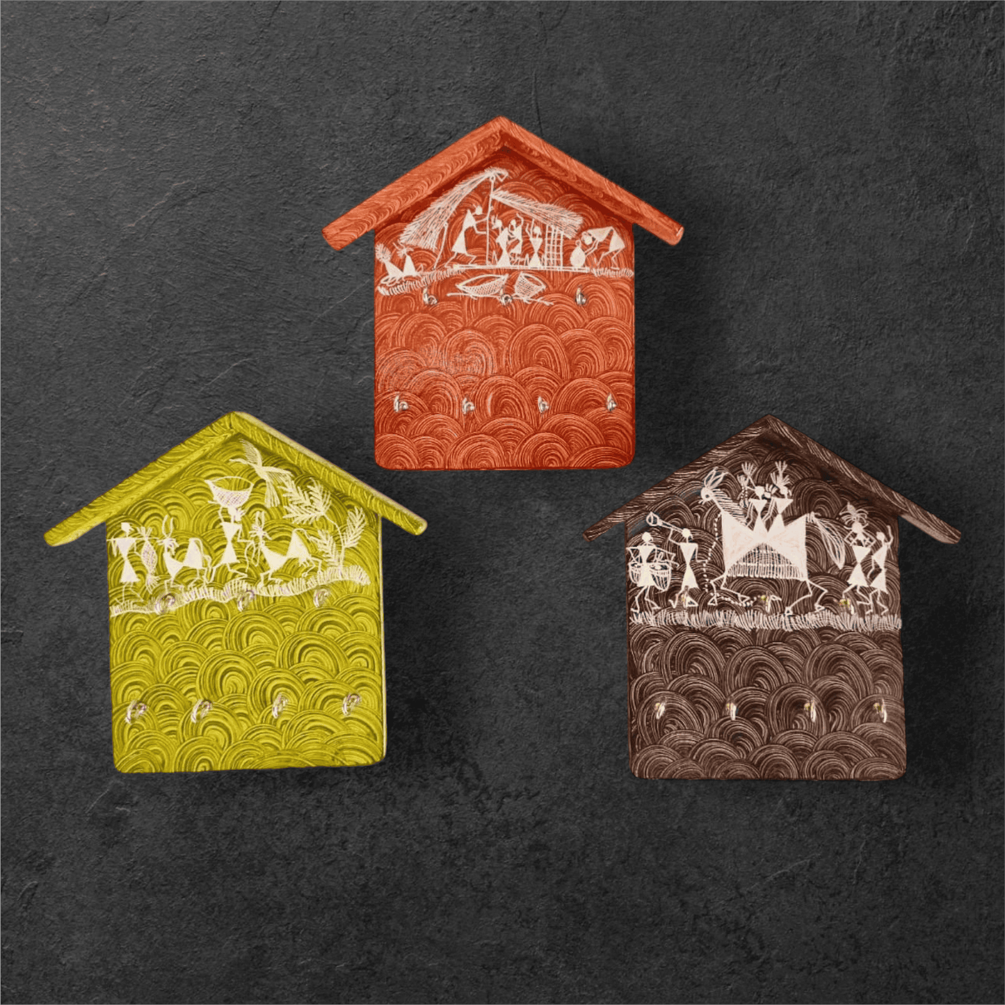 Set of Three Handcrafted Wooden Key Holders with Warli Art(6*8)