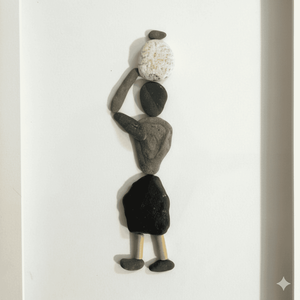 Premium Handcrafted Pebble Art Woman with Basket by Prahalad Pawar - Unique 9x12 Wall Decor for Home