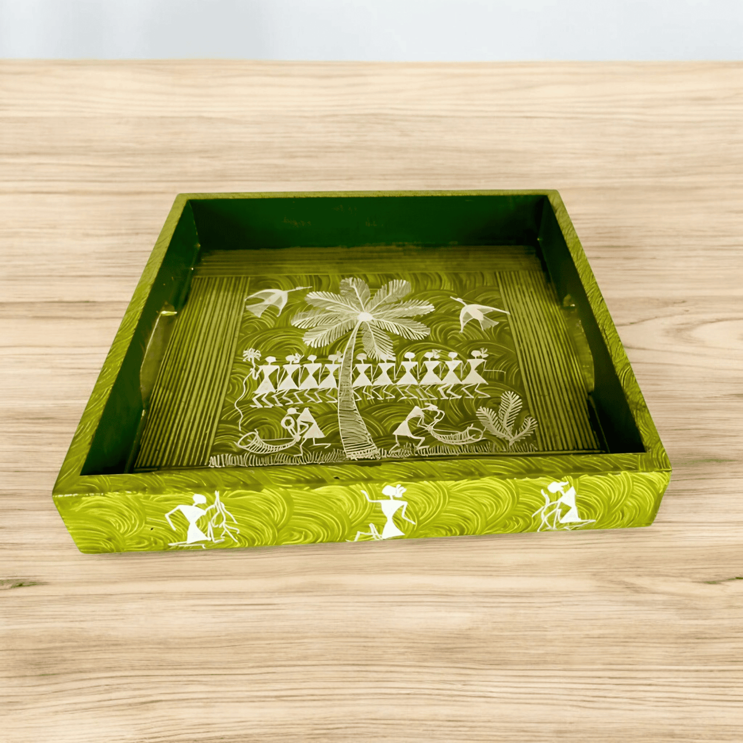 Handcrafted Wooden Tray with Warli Art(8*8)