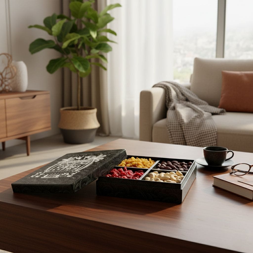 A wooden dry fruits box with Warli tribal art design, opened to show four compartments, placed on a wooden surface