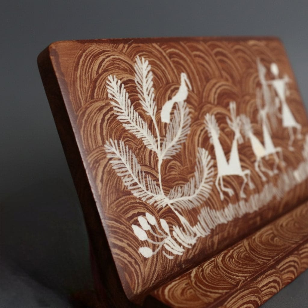 Wooden phone stand with white warli design on a dark background