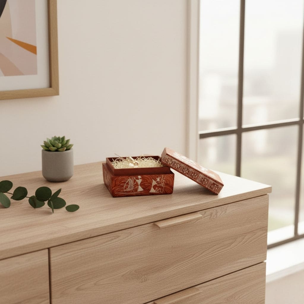 Handcrafted Wooden Gift Box with Warli Art (3*4*2)