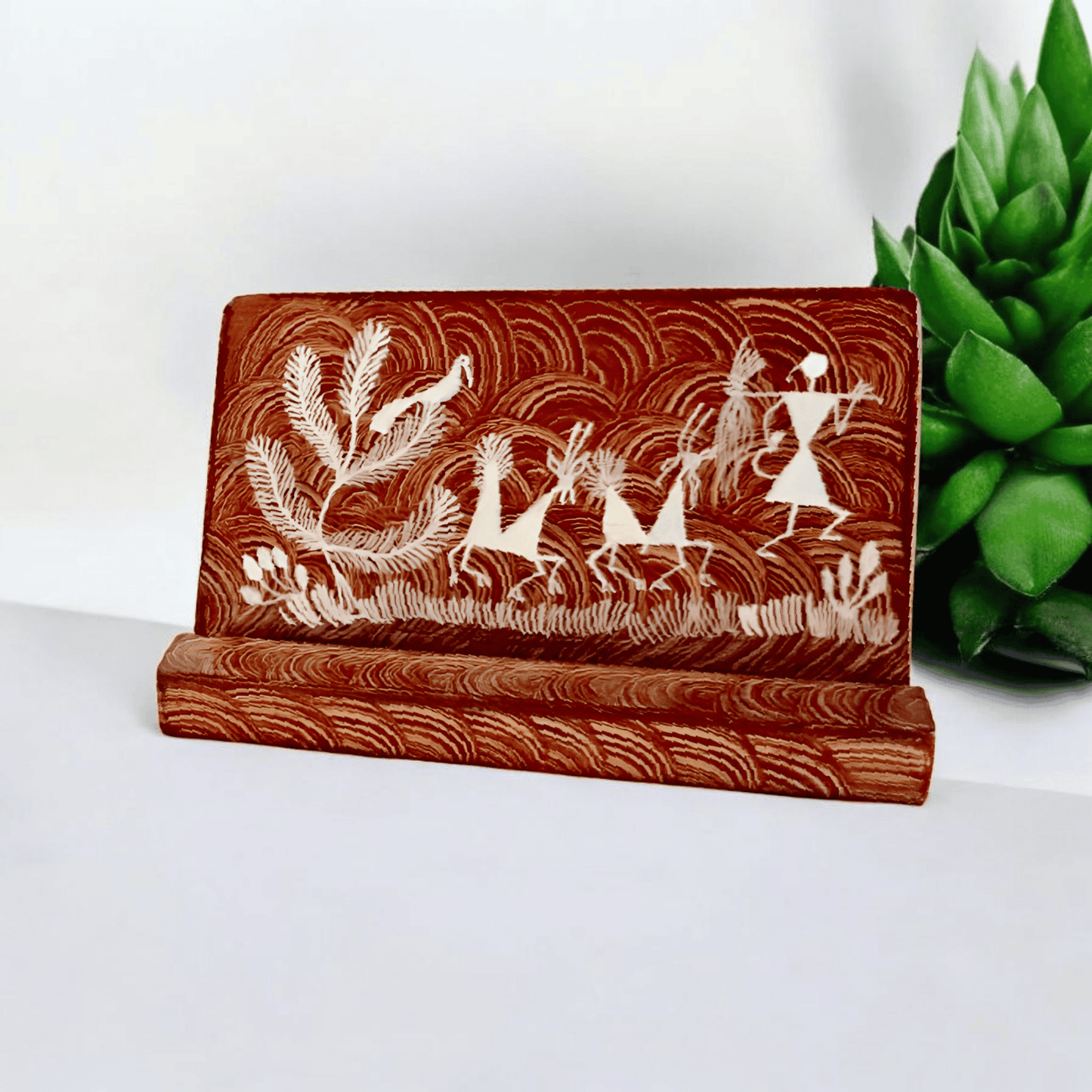 Handcrafted Wooden Phone Stand with Warli Art(6*3*3.5)
