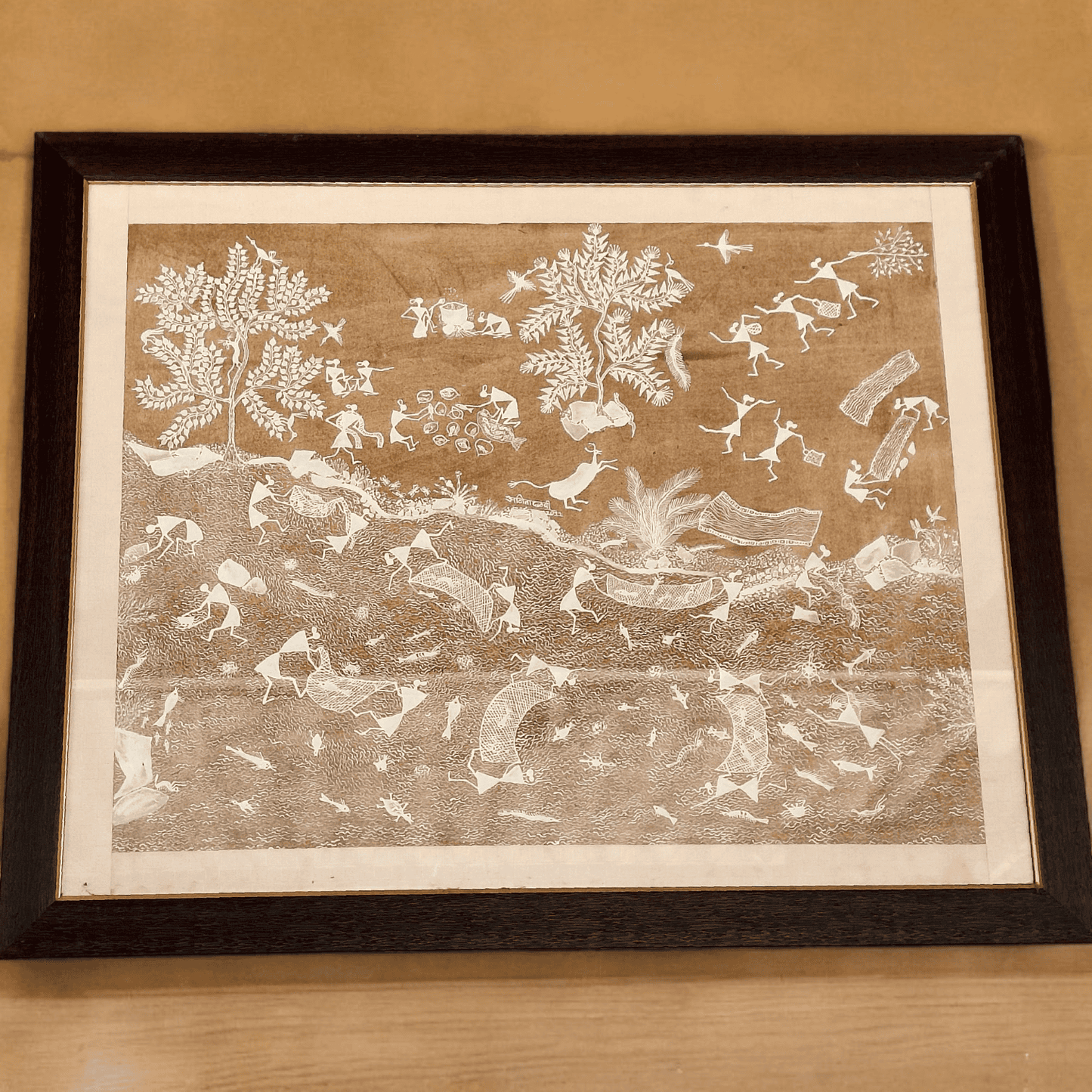 Fishing in Village River – A Traditional Warli Painting by Bharat Bhushan Awardee Balu Jivya Mashe (30"*24")